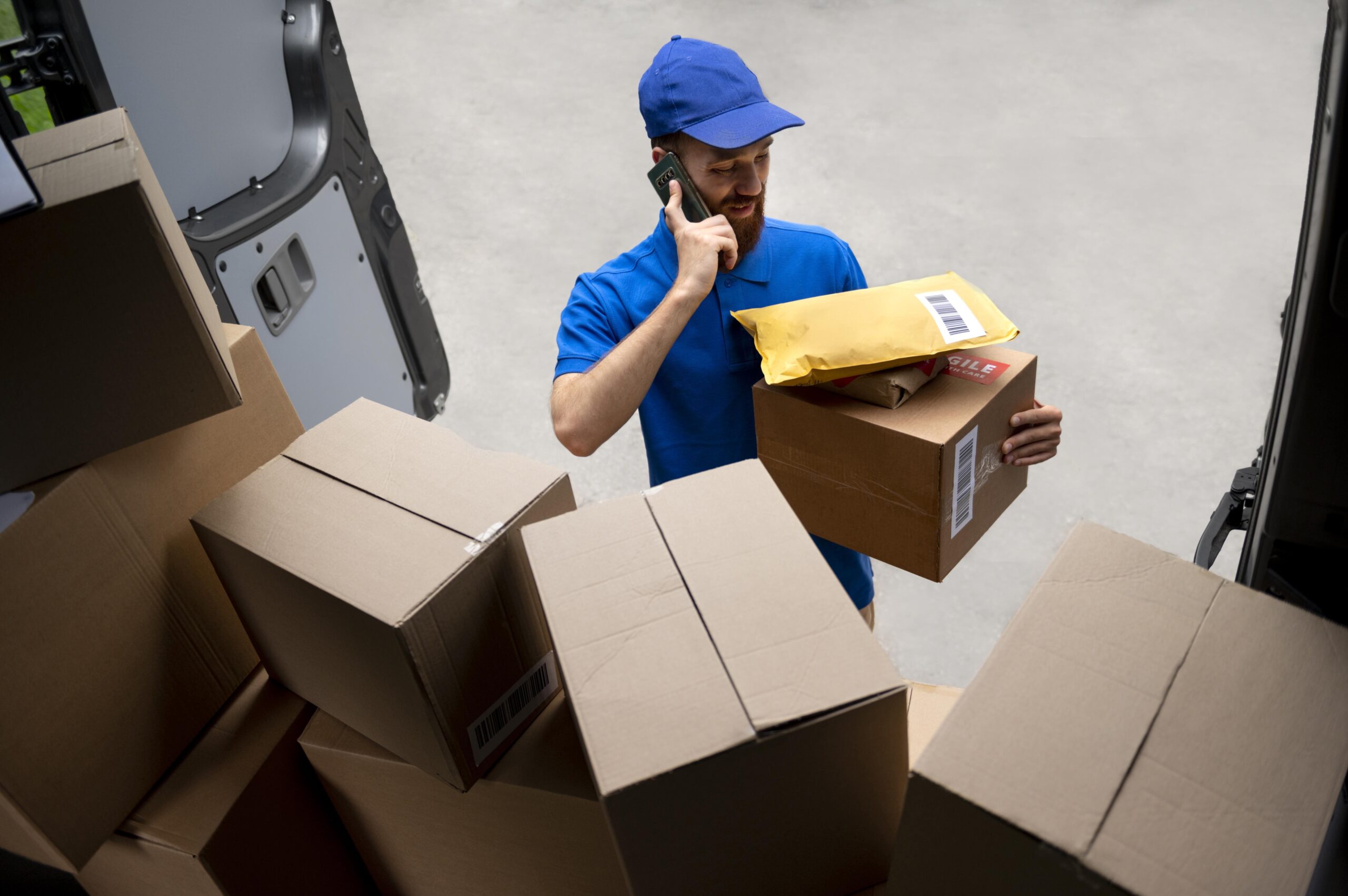 Home medium shot delivery man talking phone (2)